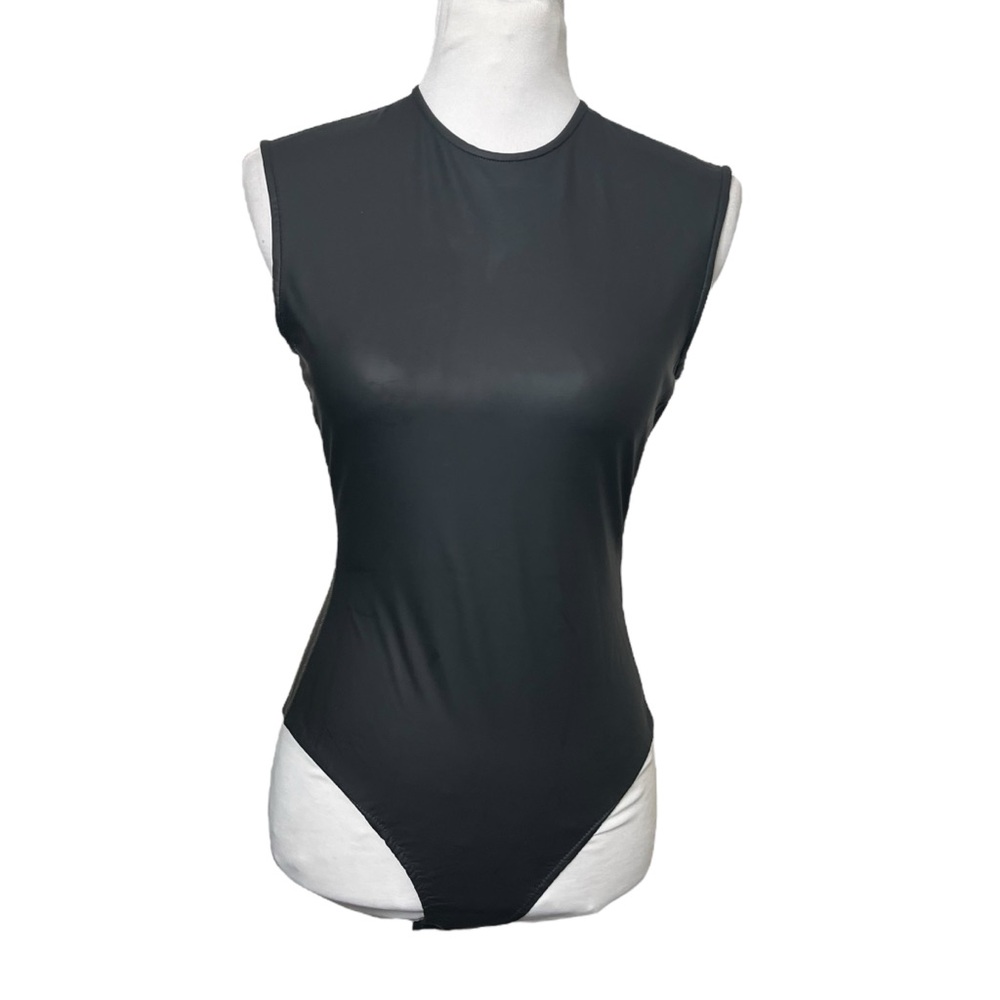 Tibi Black Sleeveless High-Cut Crewneck Bodysuit